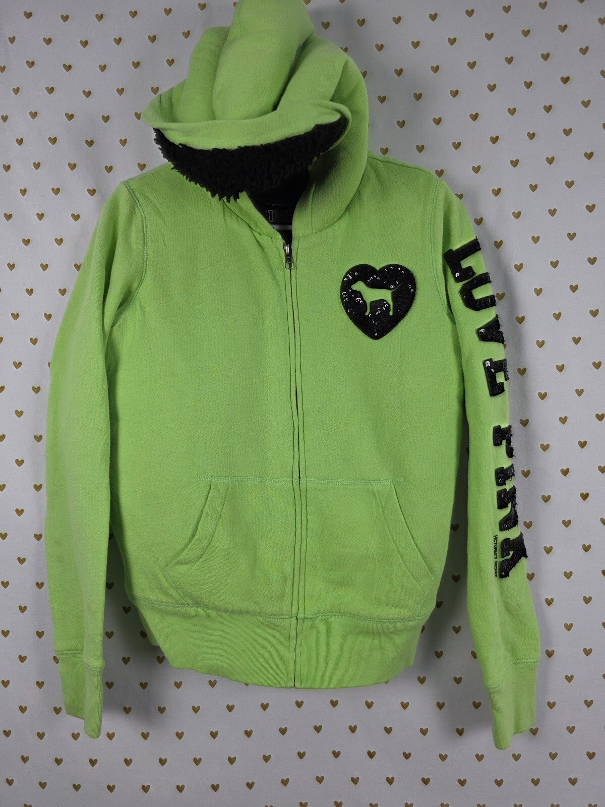 Victoria's Secret PINK Hoodie S Green Sequin LOVE PINK Faux Fur Full Zip BLING