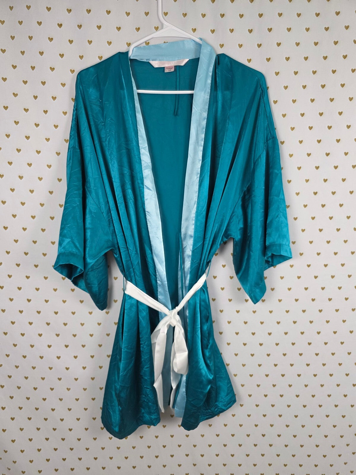Victorias Secret Teal Satin Silky Robe Pockets Lounge One Size Fits all