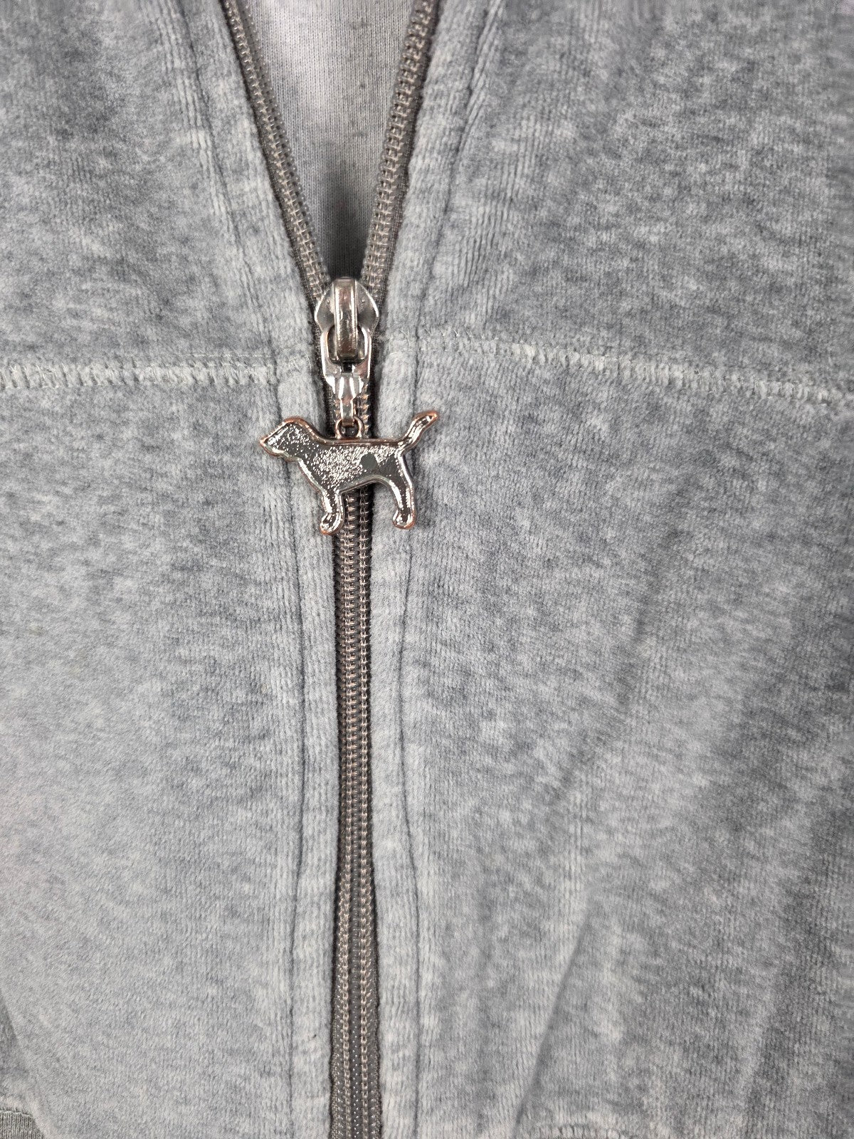 PINK Victoria's Secret Velour Zip Hoodie Gray Dog Zipper Logo Jacket Medium