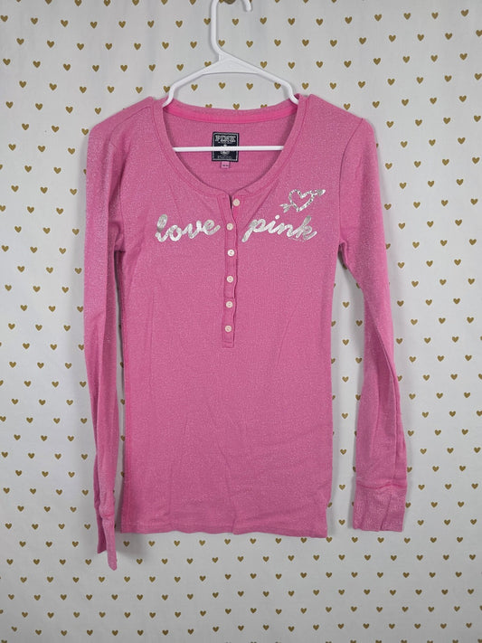 Victorias Secret PINK Vintage long Sleeve Shimmer Logo Henley Y2k Bling