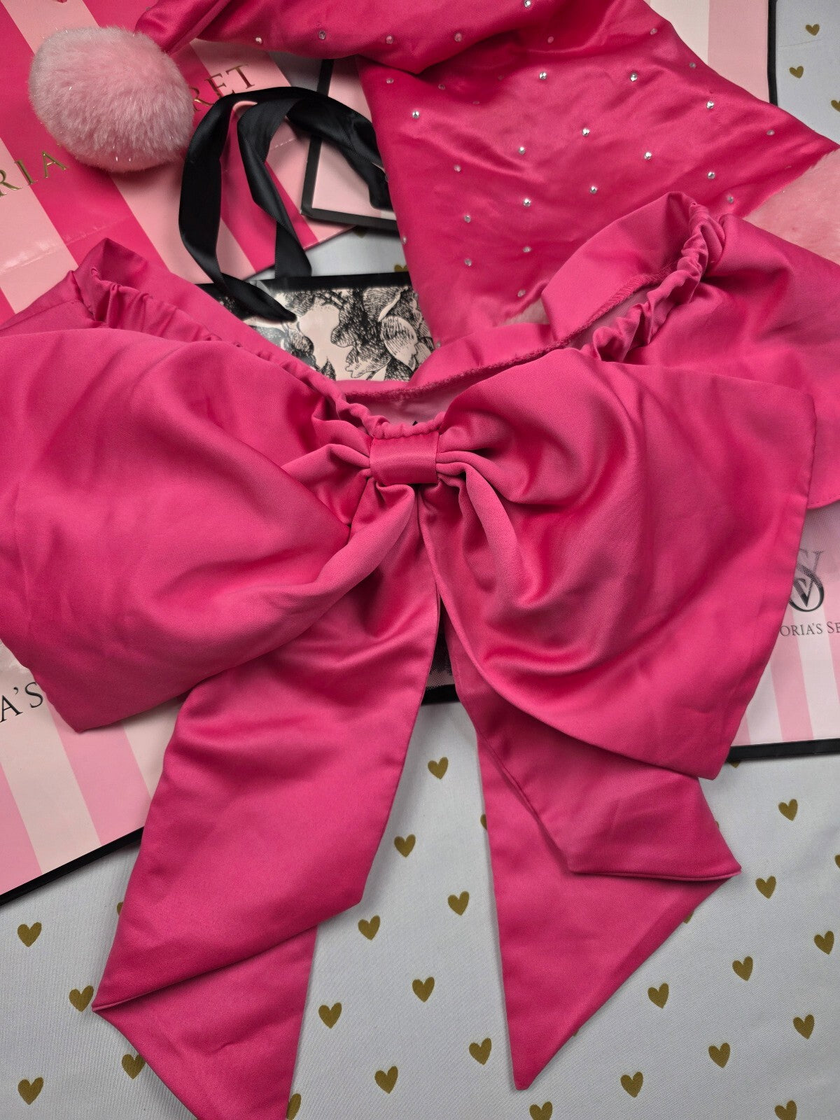 Victoria's Secret Sexy Little Things Pink Satin Santa Hat & Bow Skirt Set BLING