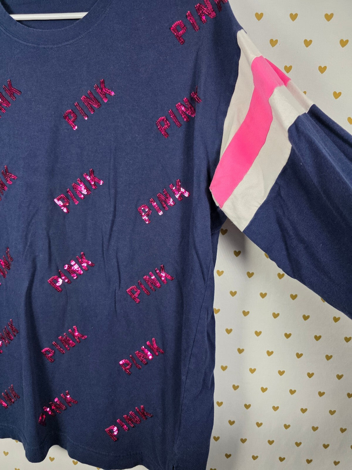 Victorias Secret PINK BLING Logo Tee Shirt Long Sleeve Blue XL