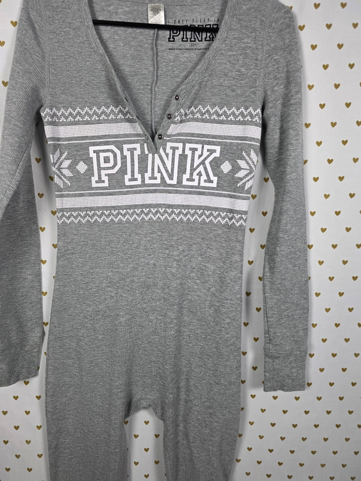 Victoria's Secret PINK Long Jane Onesie S Gray Fair Isle Thermal Drop Seat 2016