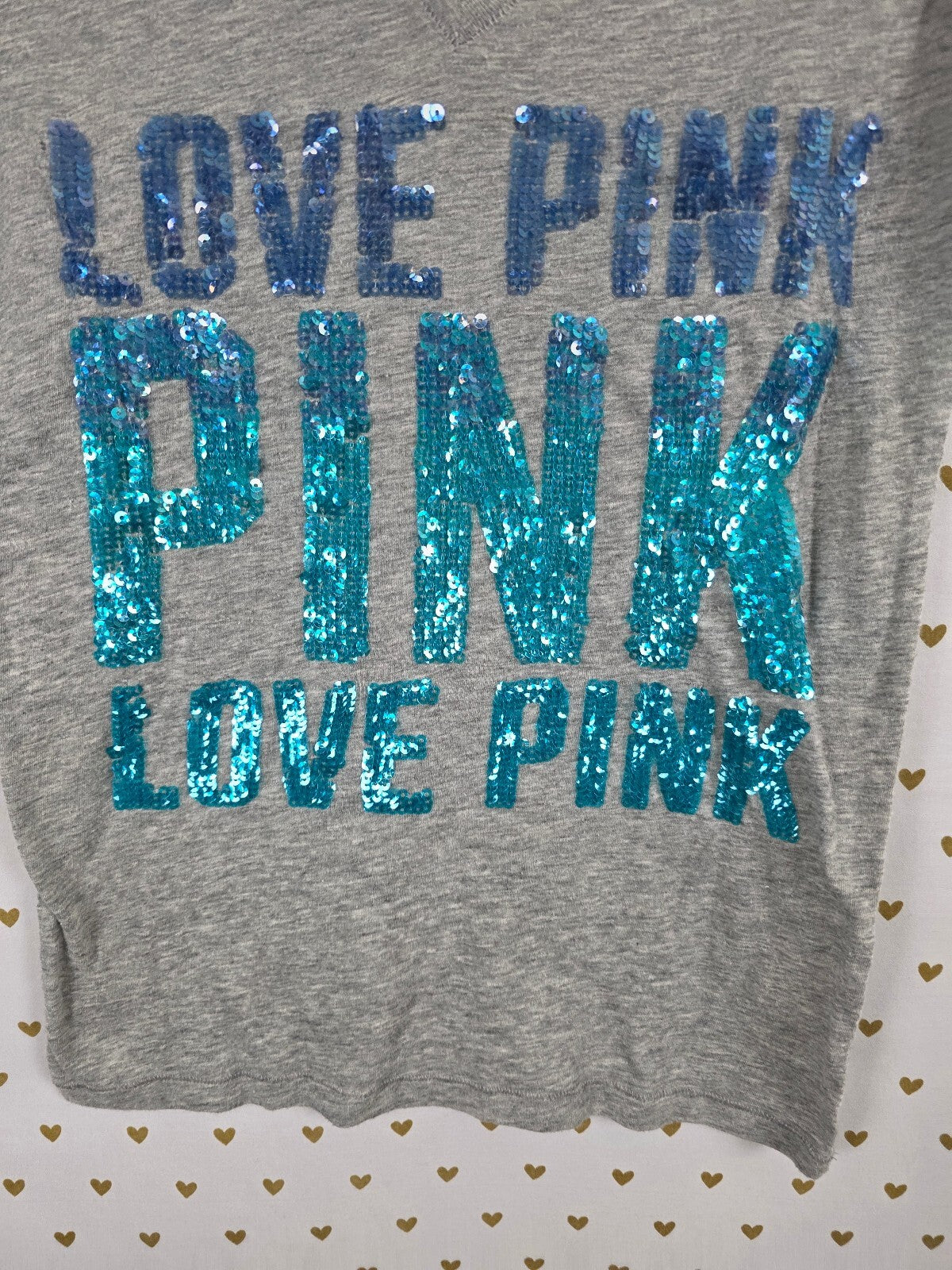 Victorias Secret PINK Vintage Sequined Bling Blue V neck tee shirt XS