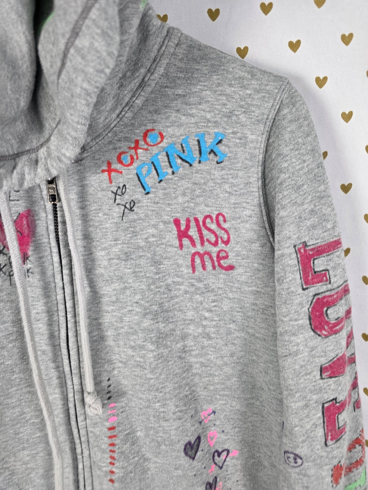 Vintage VS PINK Graffiti Doodle Full Zip Hoodie Gray Y2K Hearts Love M