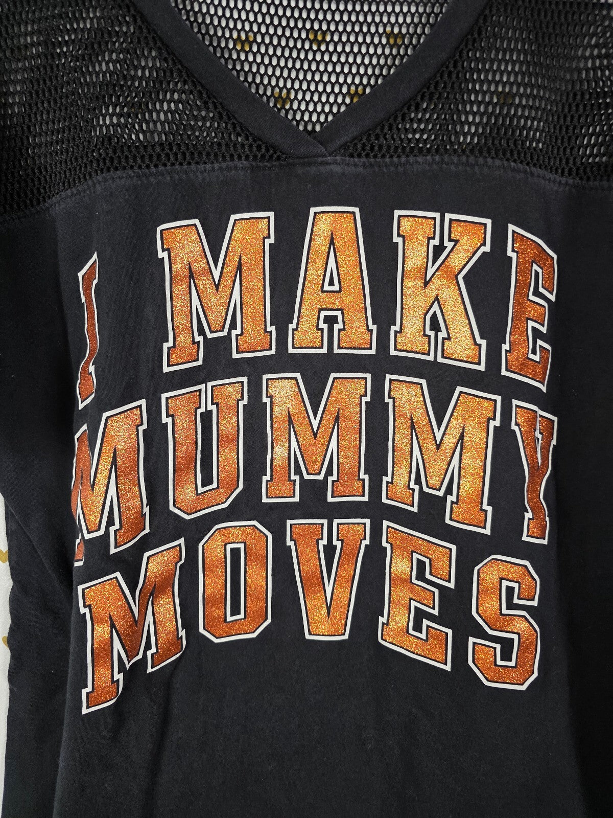 PINK Victoria's Secret I Make Mummy Moves Halloween Mesh Jersey Tee Black MEDIUM