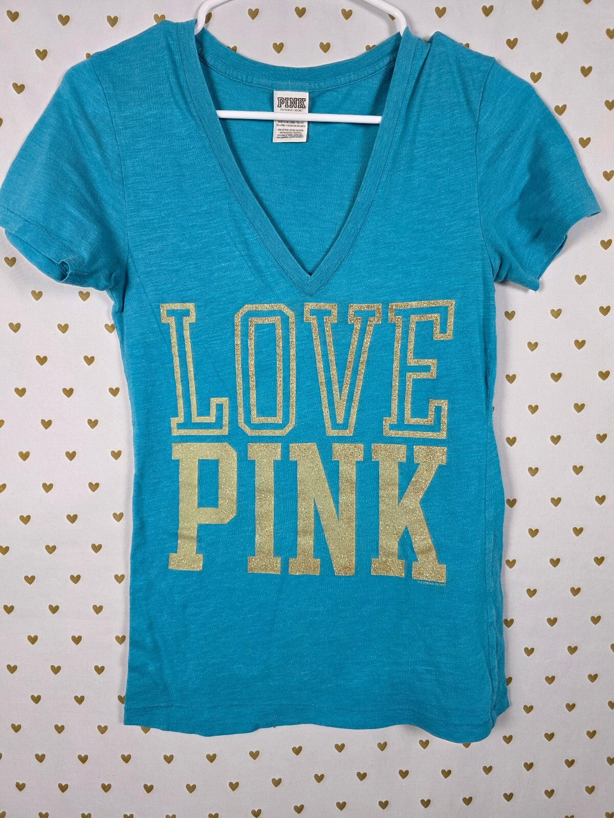 Victorias Secret PINK Vintage BLING V neck Gold Glitter Tee shirt y2k XS