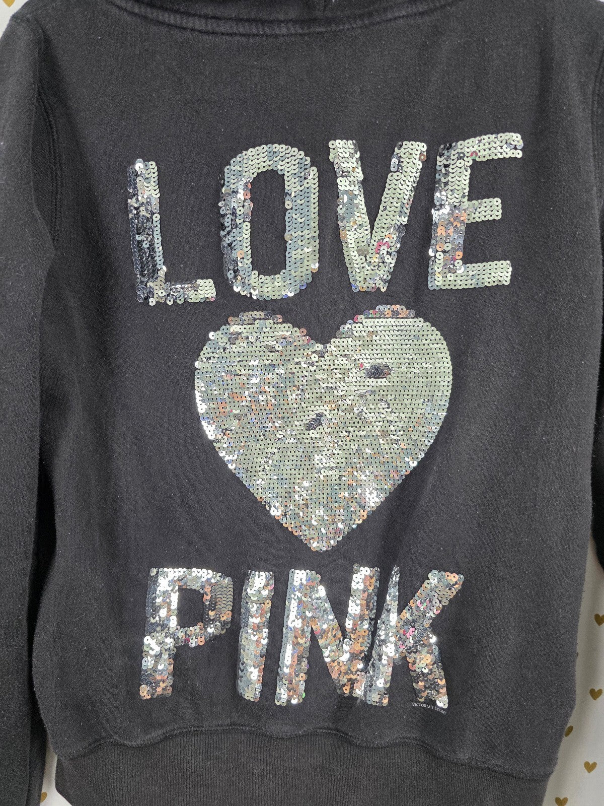Victorias Secret Pink Heart BLING Sequined Full zip Hoodie Jacket Black Medium