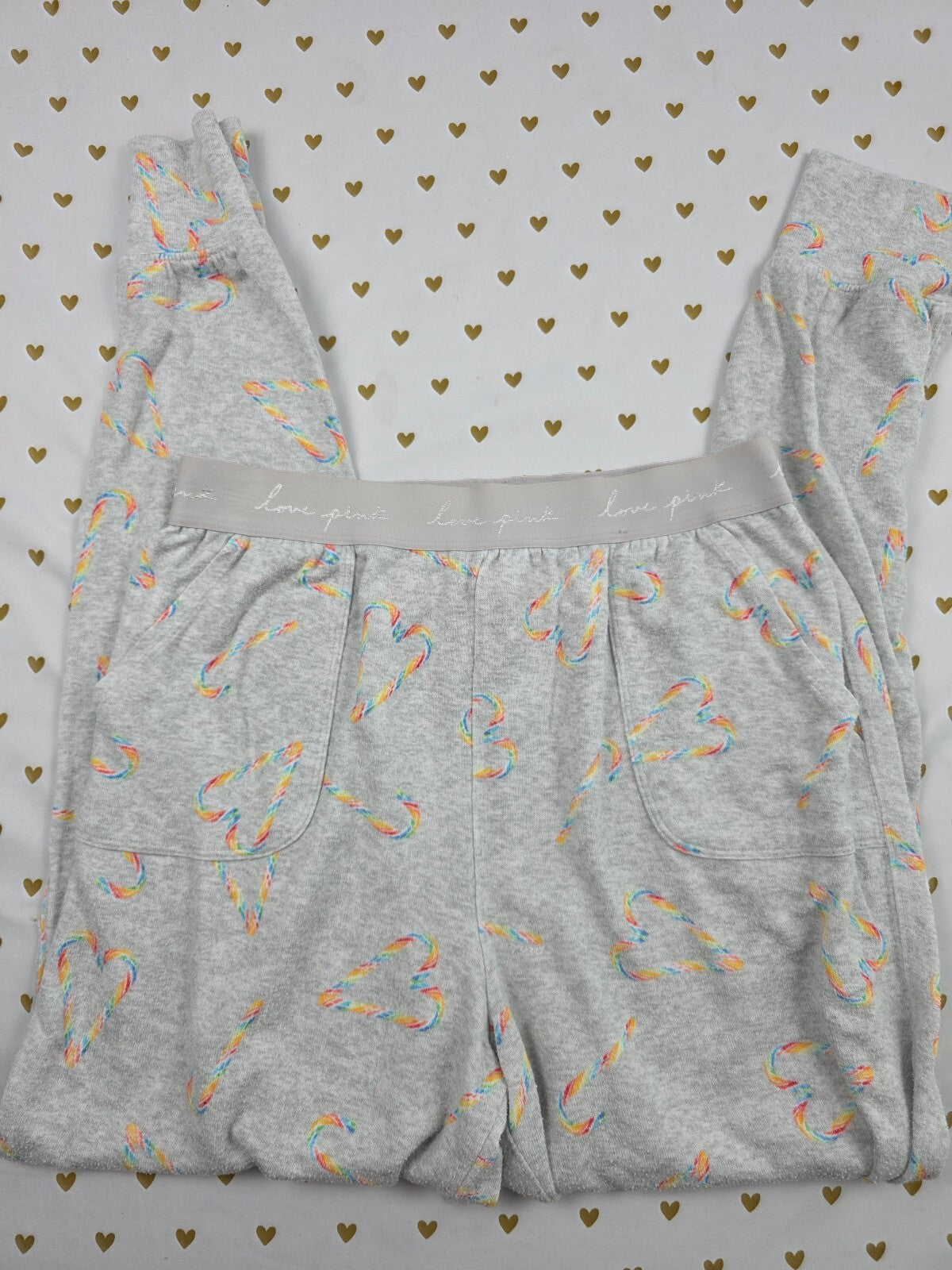 Victorias Secret Rainbow Candy Cane Heart MEDIUM Sleep Pants Pajama PJ Bottoms