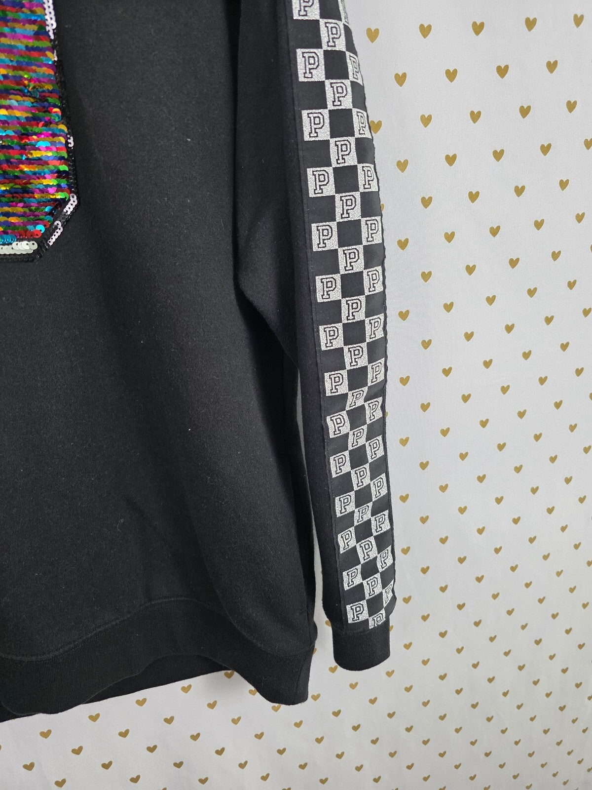 RARE Victoria's Secret PINK MEGA BLING Sequin Checkerboard Hoodie Dog M Rainbow