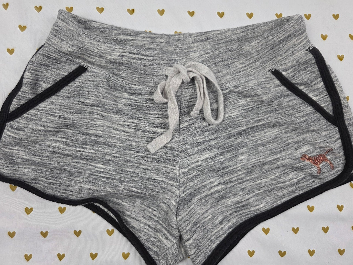Victorias Secret PINK Grey GOLD BLING SEQUIN Sweat Shorts Dog SMALL