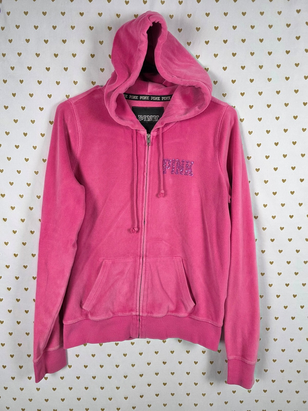 Victorias Secret Pink Velour Crest Bling Logo Full Zip Hoodie Jacket Medium