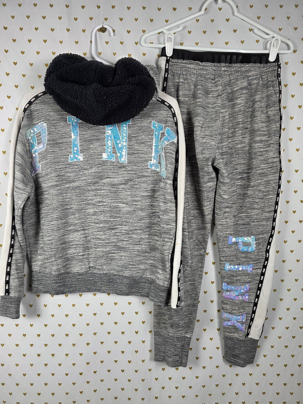 Victorias Secret Pink MERMAID BLING Set 2pc Hoodie Sweats sweatpants SMALL Grey