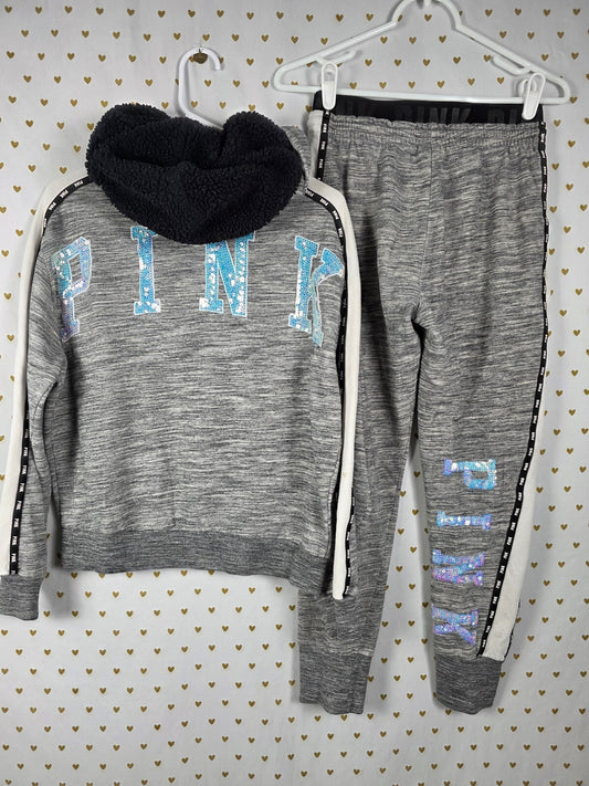 Victorias Secret Pink MERMAID BLING Set 2pc Hoodie Sweats sweatpants SMALL Grey