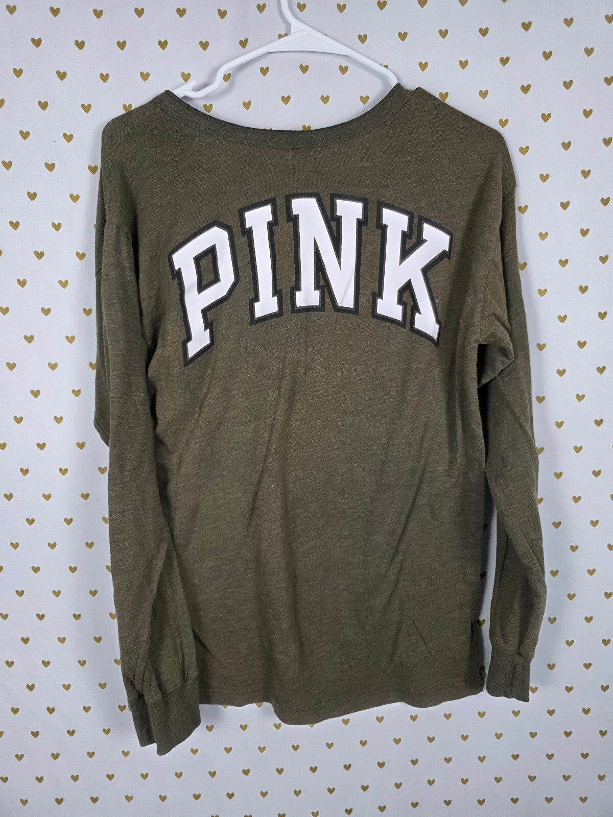 Victorias Secret PINK Green Long Sleeve Logo Henley Tee shirt Small
