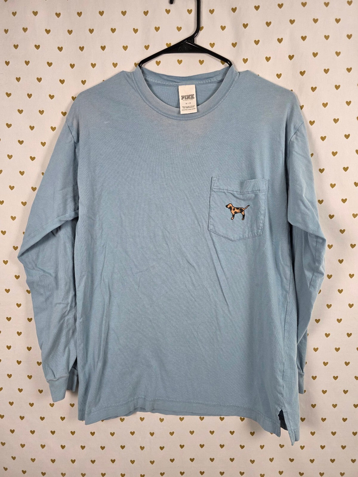 Victorias Secret PINK Blue Leopard Cheetah Dog Long sleeve Pocket Tee Small