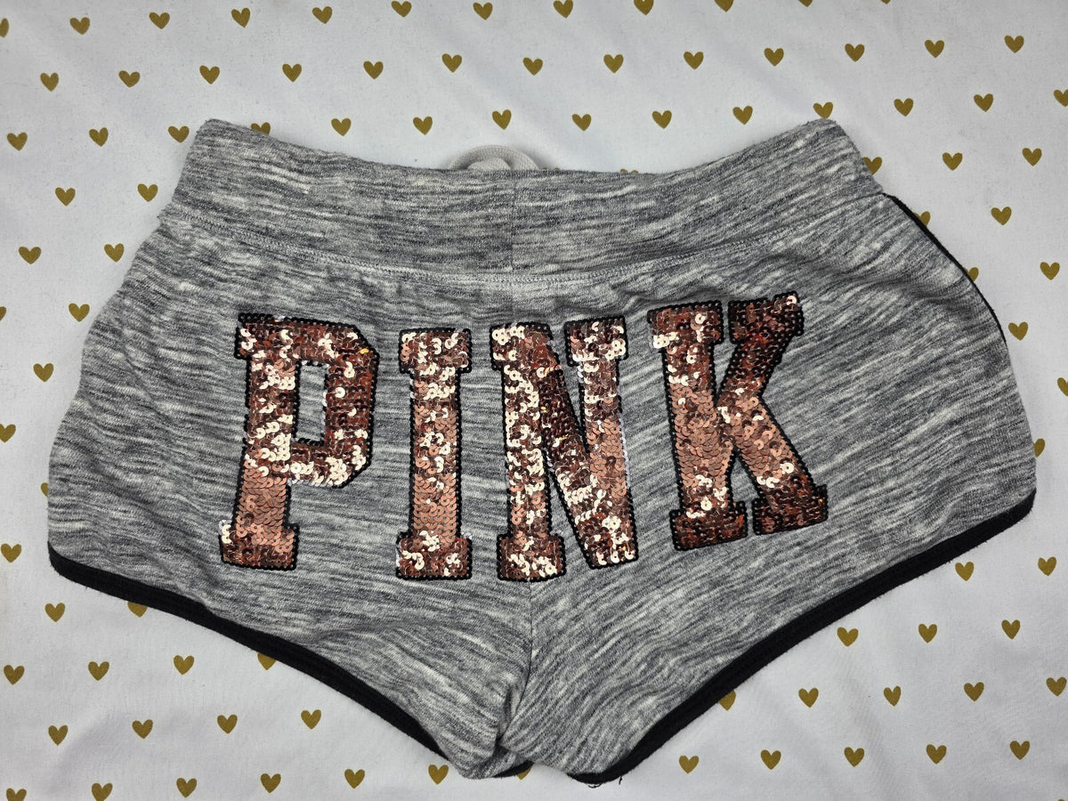 Victorias Secret PINK Grey GOLD BLING SEQUIN Sweat Shorts Dog SMALL