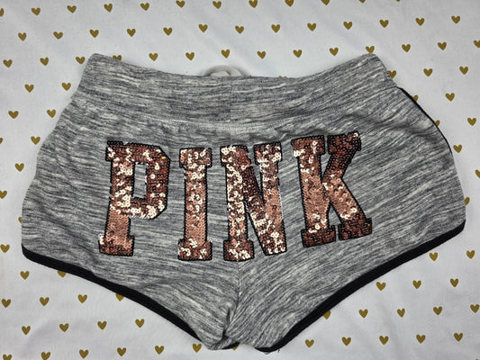 Victorias Secret PINK Grey GOLD BLING SEQUIN Sweat Shorts Dog SMALL
