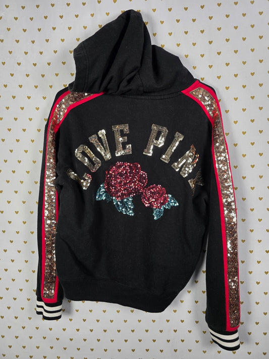 Victorias Secret Pink BLING Rose Sequin Pullover hoodie sweater Gold Medium