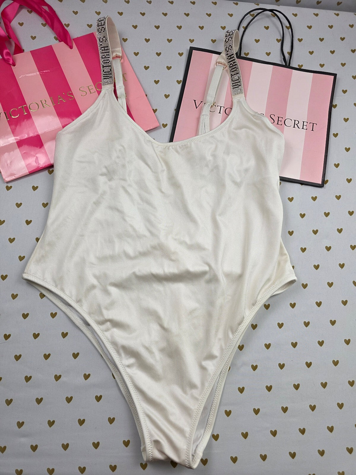 Victoria's Secret White Rhinestone BLING Shine Strap One Piece Swimsuit XL