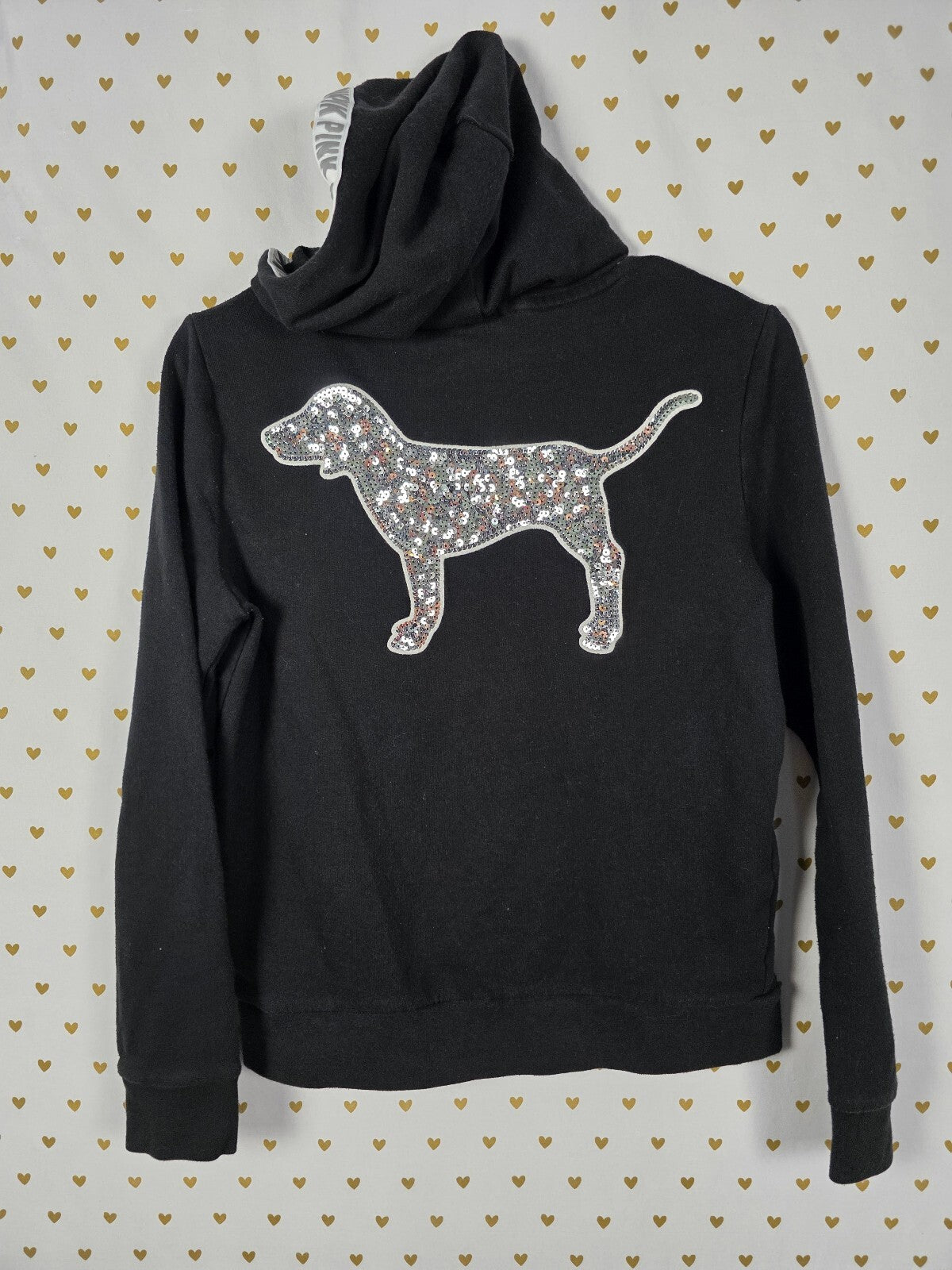 Victorias Secret Pink BLING DOG Sequin Pullover Hoodie Sweater SMALL