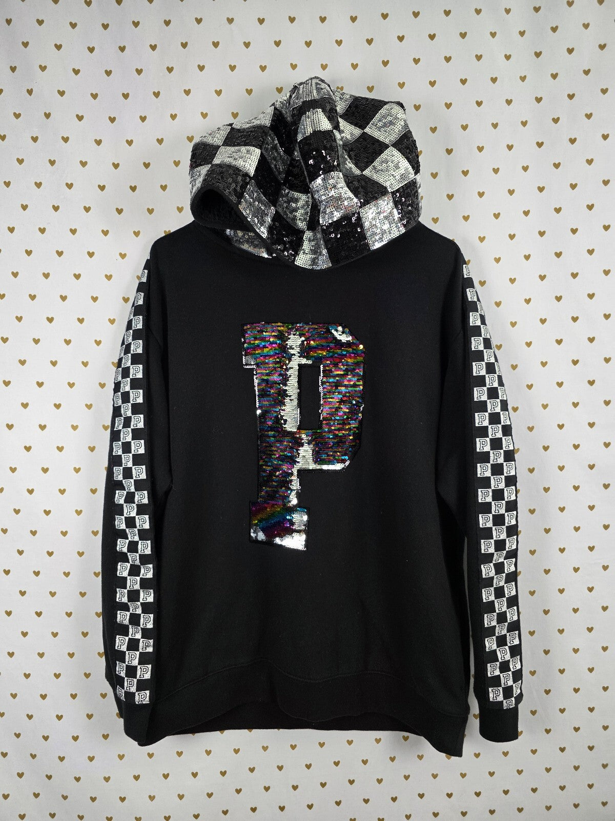 RARE Victoria's Secret PINK MEGA BLING Sequin Checkerboard Hoodie Dog M Rainbow