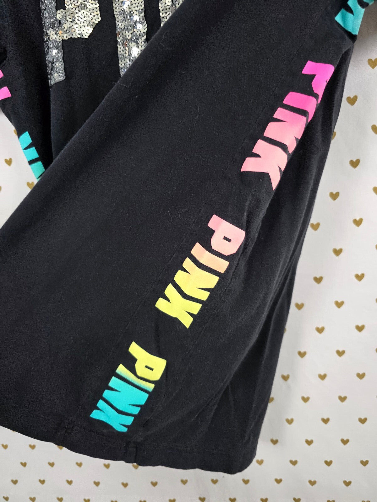 Victorias Secret PINK HTF Rainbow Logo Bling Sequined Tee shirt Small