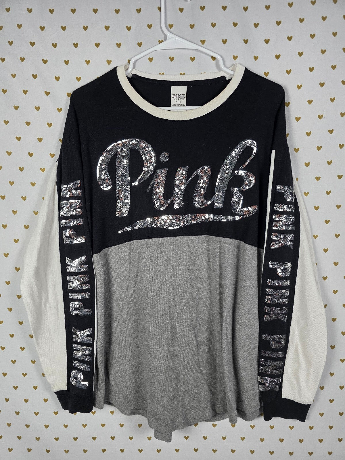 Victorias Secret PINK BLING Colorblock Logo Tee shirt Sequined LARGE