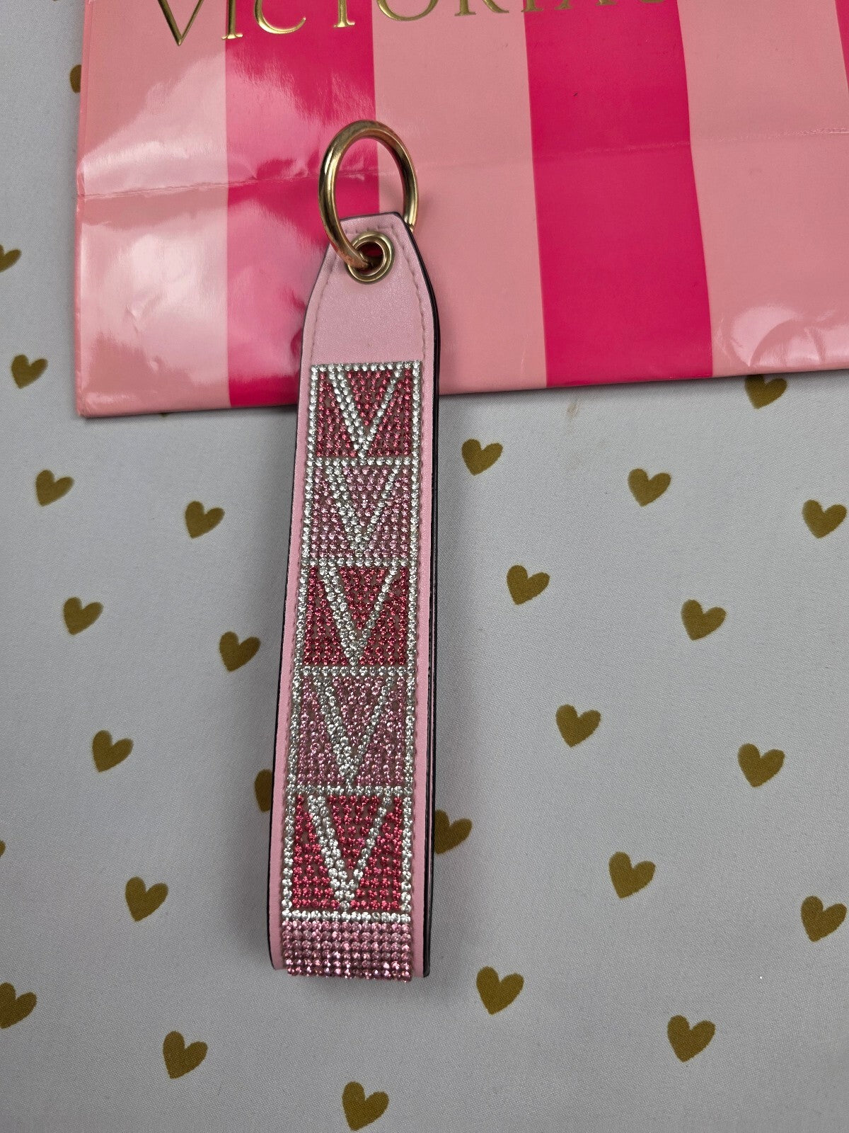 Victoria Secret Gradient wristlet strap keychain Logo Bling Studded Pink