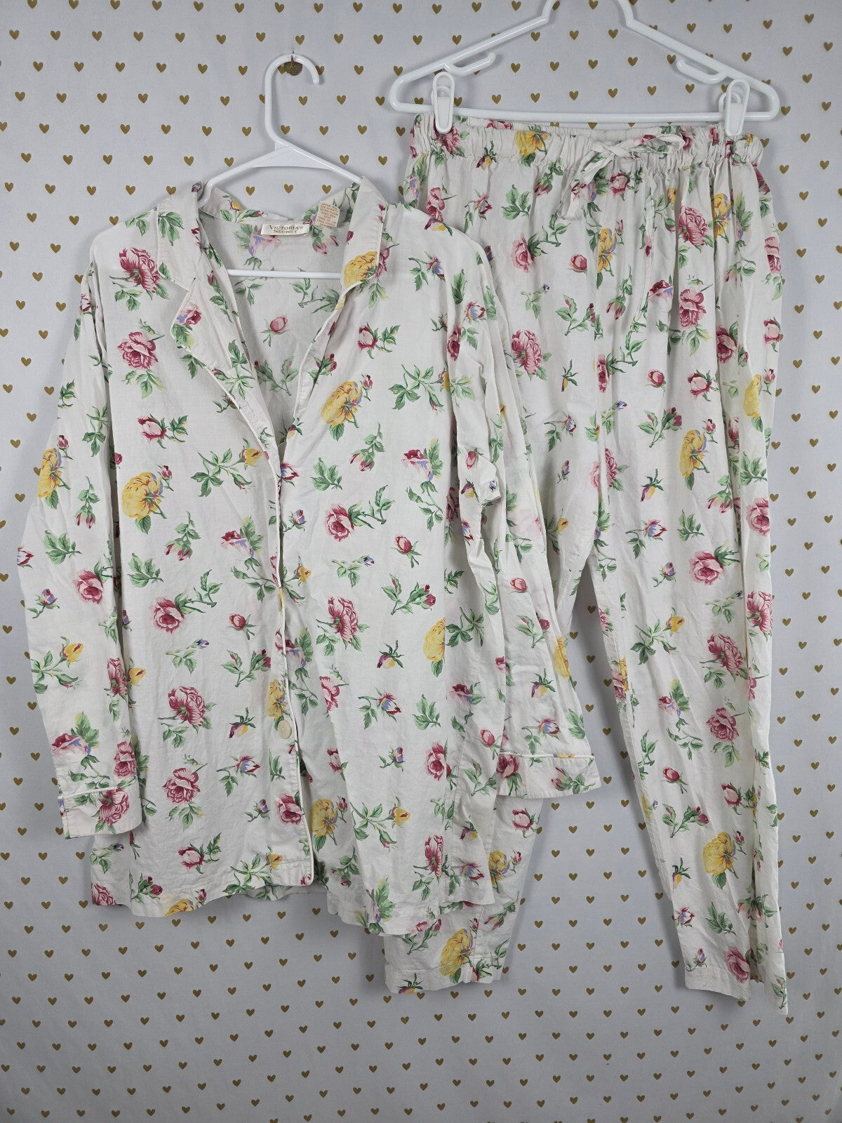 Vintage Victoria's Secret Gold Label Floral Cotton Pajama Set L 90s Rose