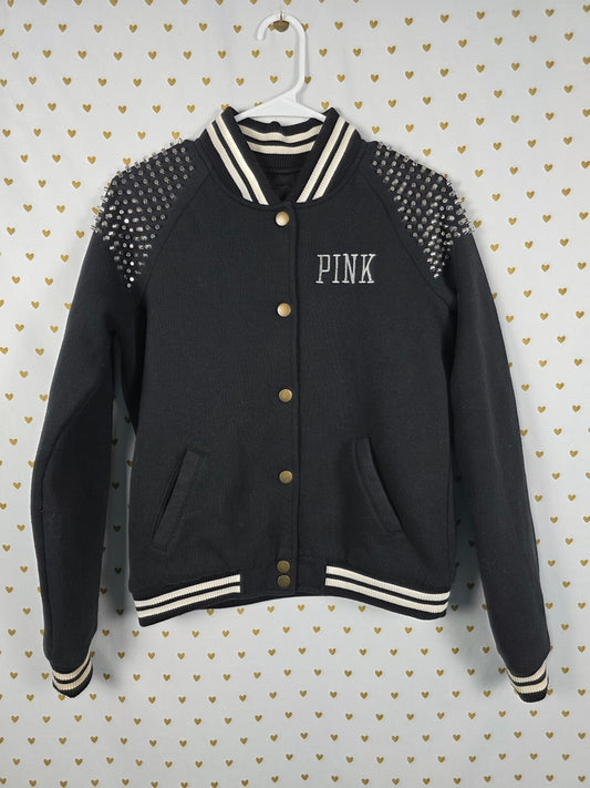Victoria's Secret PINK Studded Spike Varsity Bomber Jacket Black Glam Rock y2k
