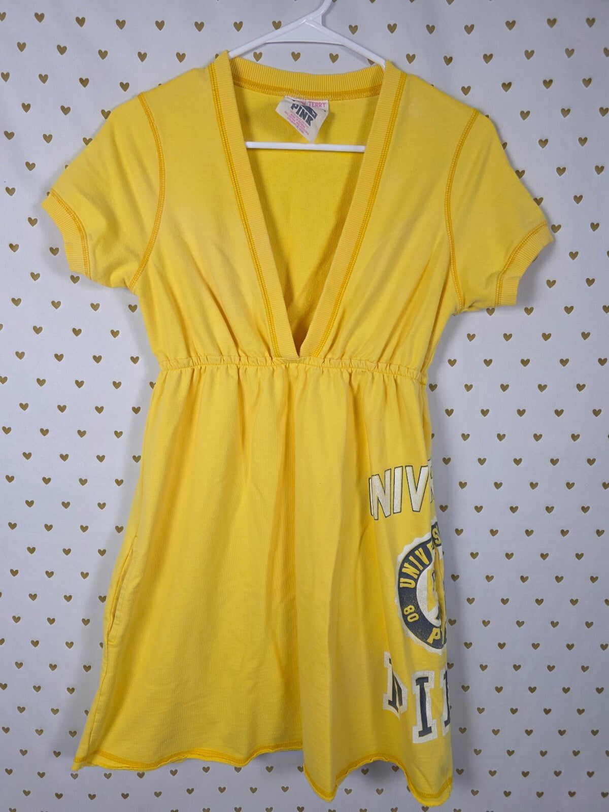 Victorias Secret PINK Terry UNIVERSITY Vintage HTF Dress V Neck yellow M
