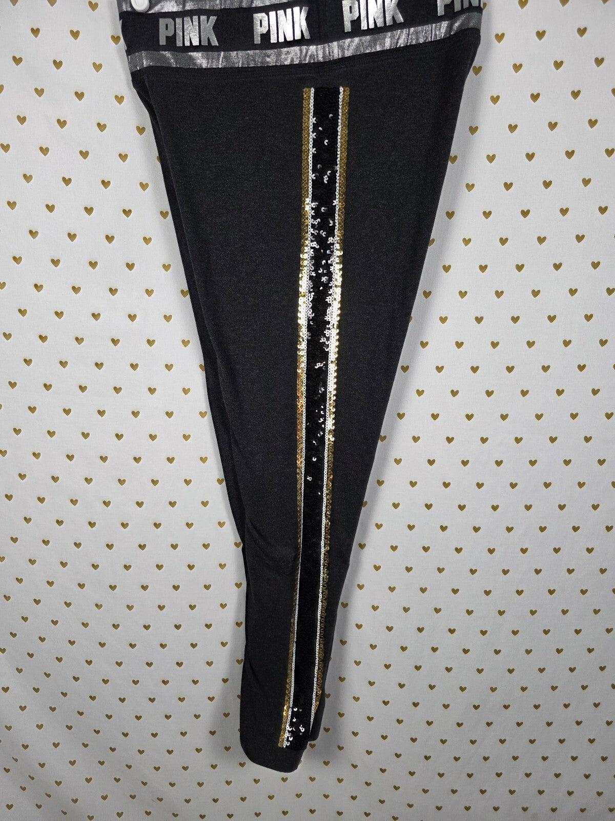 Victorias Secret PINK BLING Yoga Pants Stripe SEQUIN Black Gold LARGE