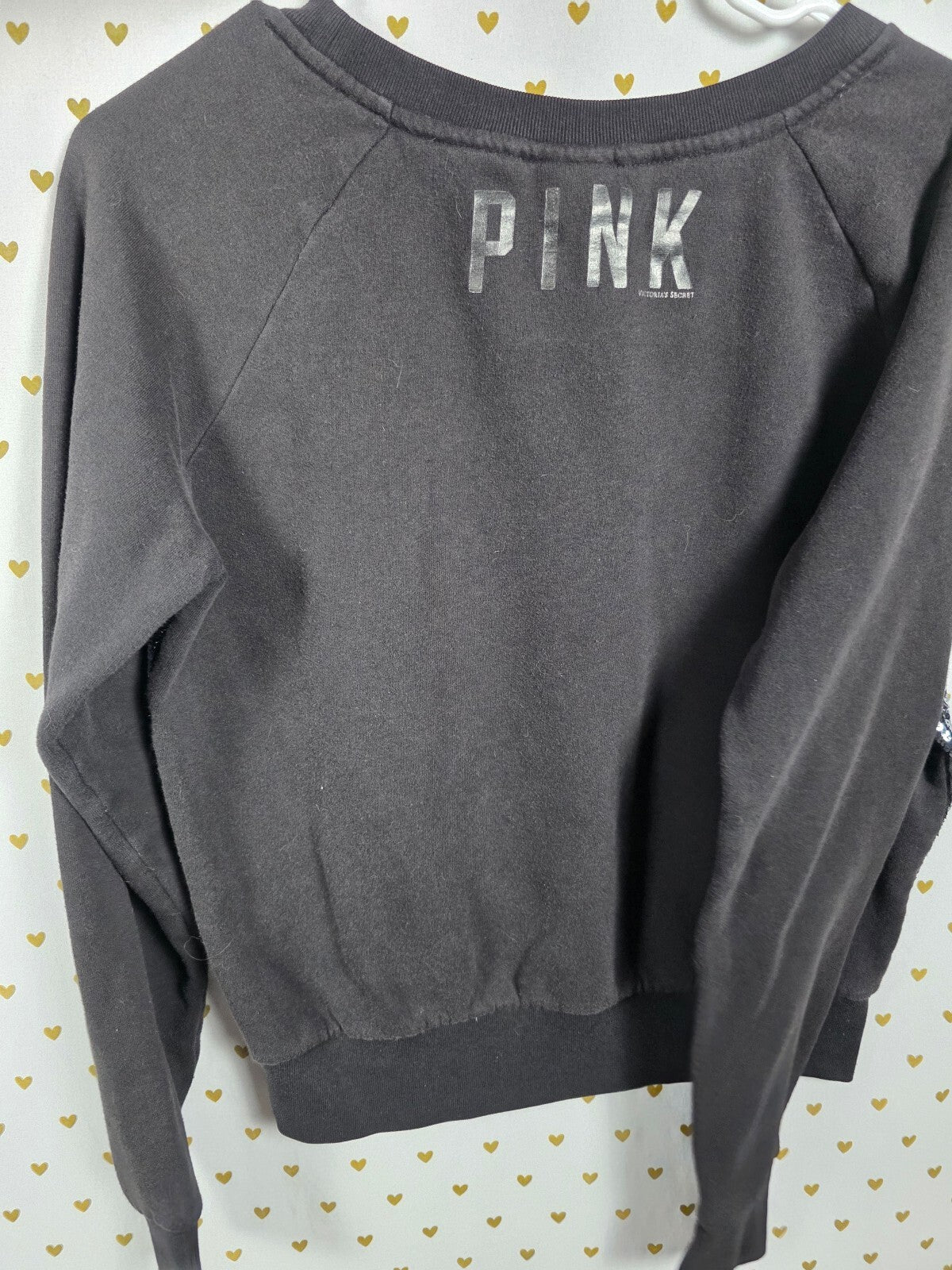 Victoria's Secret PINK Sequin Sweatshirt M Black Silver Pullover Bling Crew