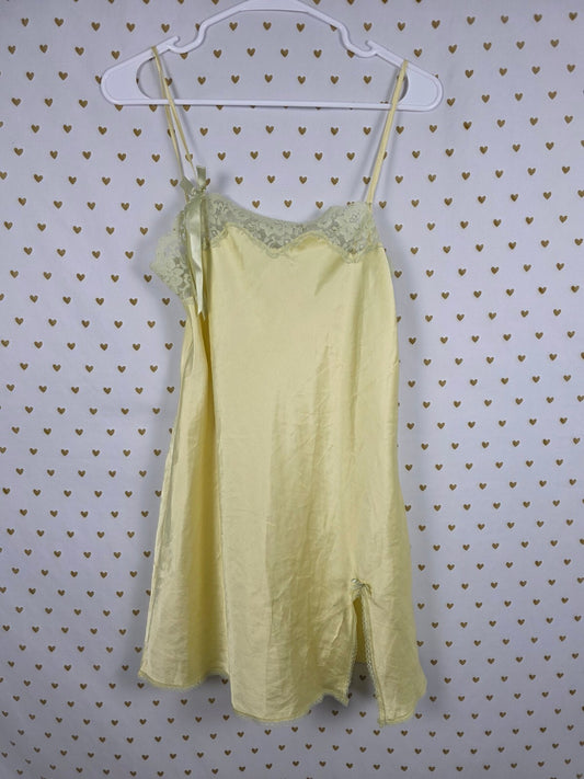 Victorias Secret Vintage Medium Yellow Lace Lined SLIP DRESS '05 Satin Silky