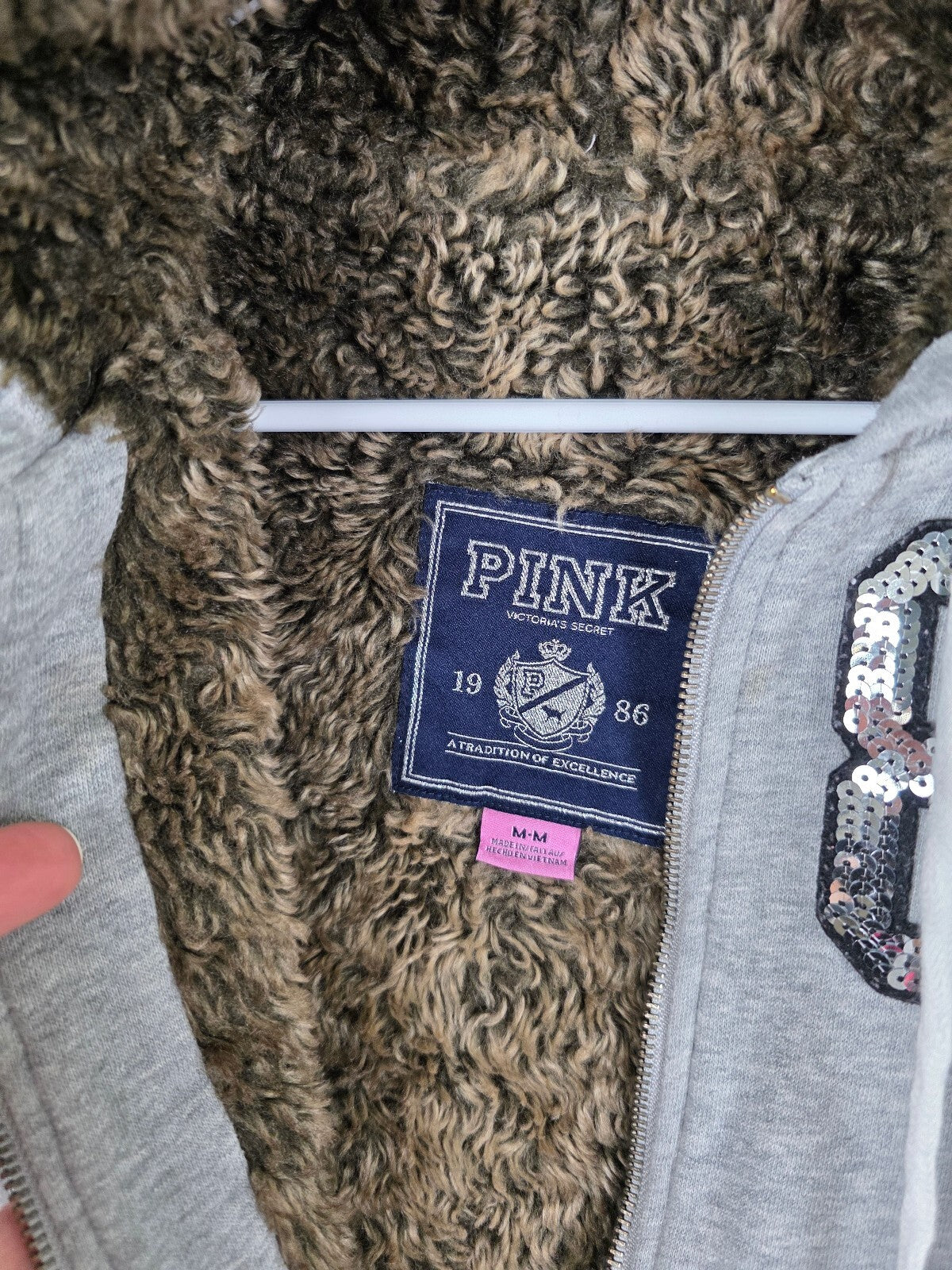 Victorias Secret Pink Fur LIned Bling Full zip Hoodie Jacket LOVE Sequined Med