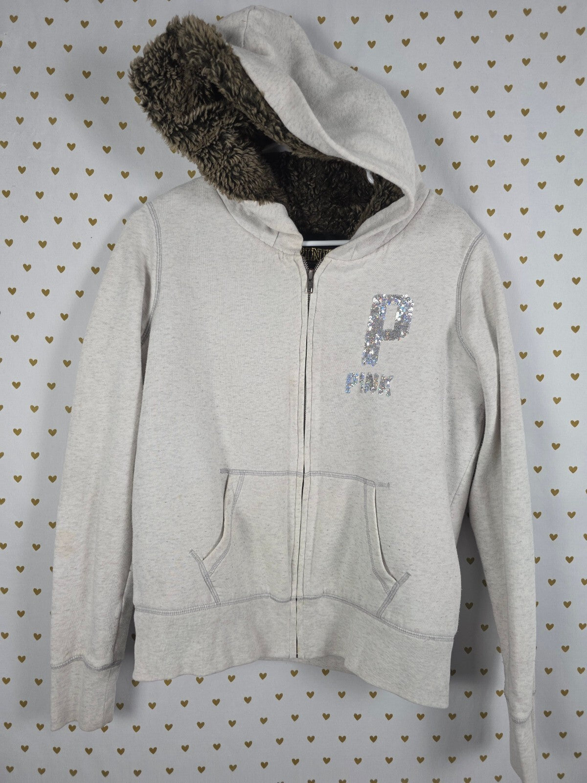 Victoria’s Secret PINK LOVE PINK Sequin BLING Faux Fur Zip Hoodie S Rare