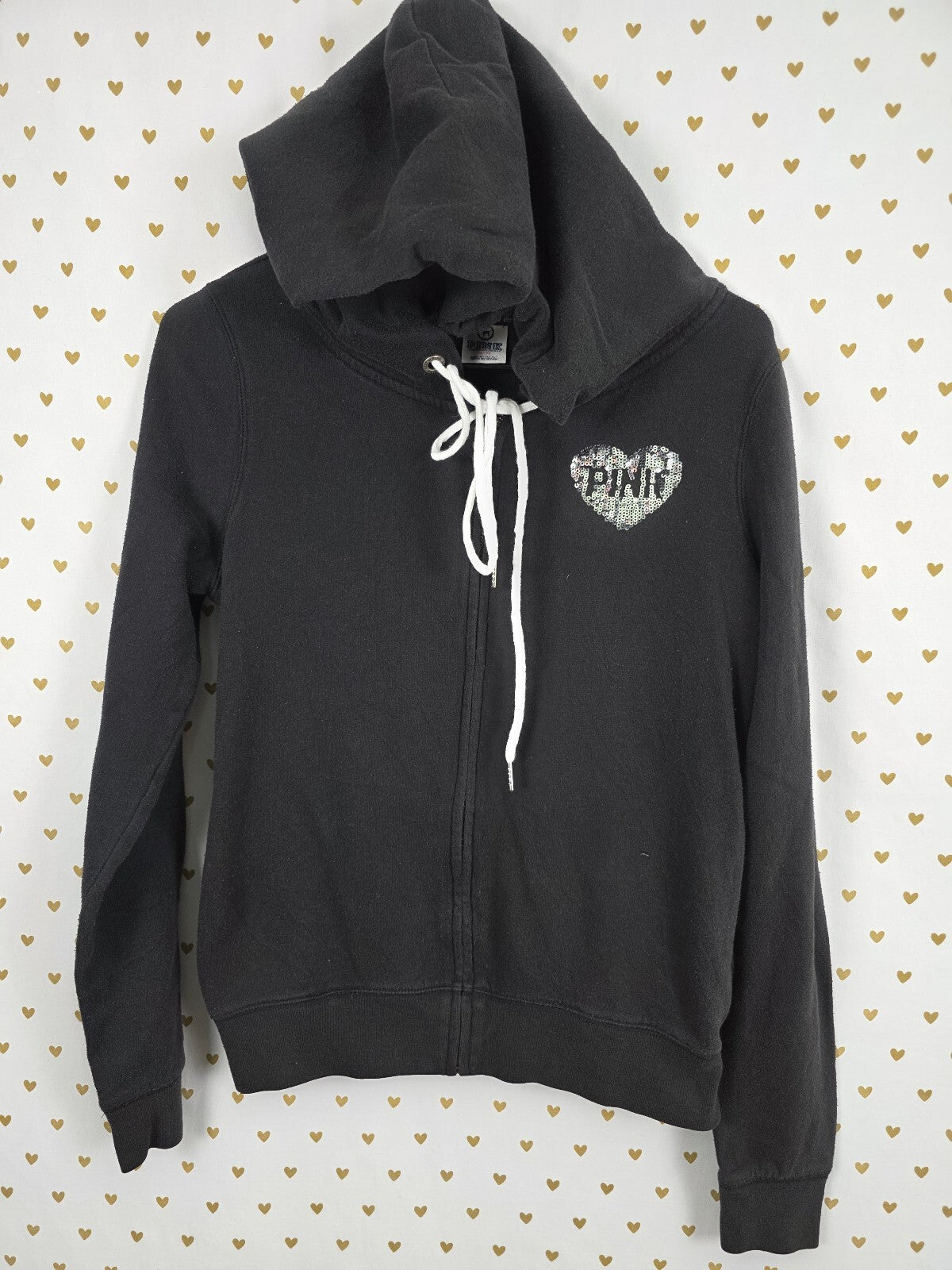 Victorias Secret Pink Heart BLING Sequined Full zip Hoodie Jacket Black Medium