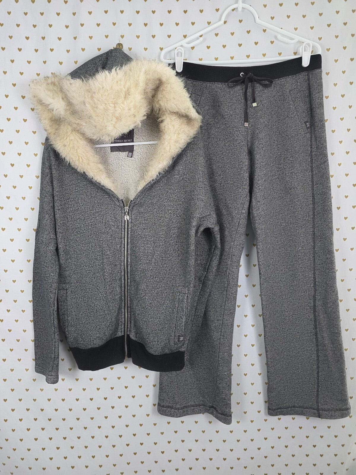 Victoria's Secret Tracksuit Set M S Gray Faux Fur Hood Bootcut Sweatpants