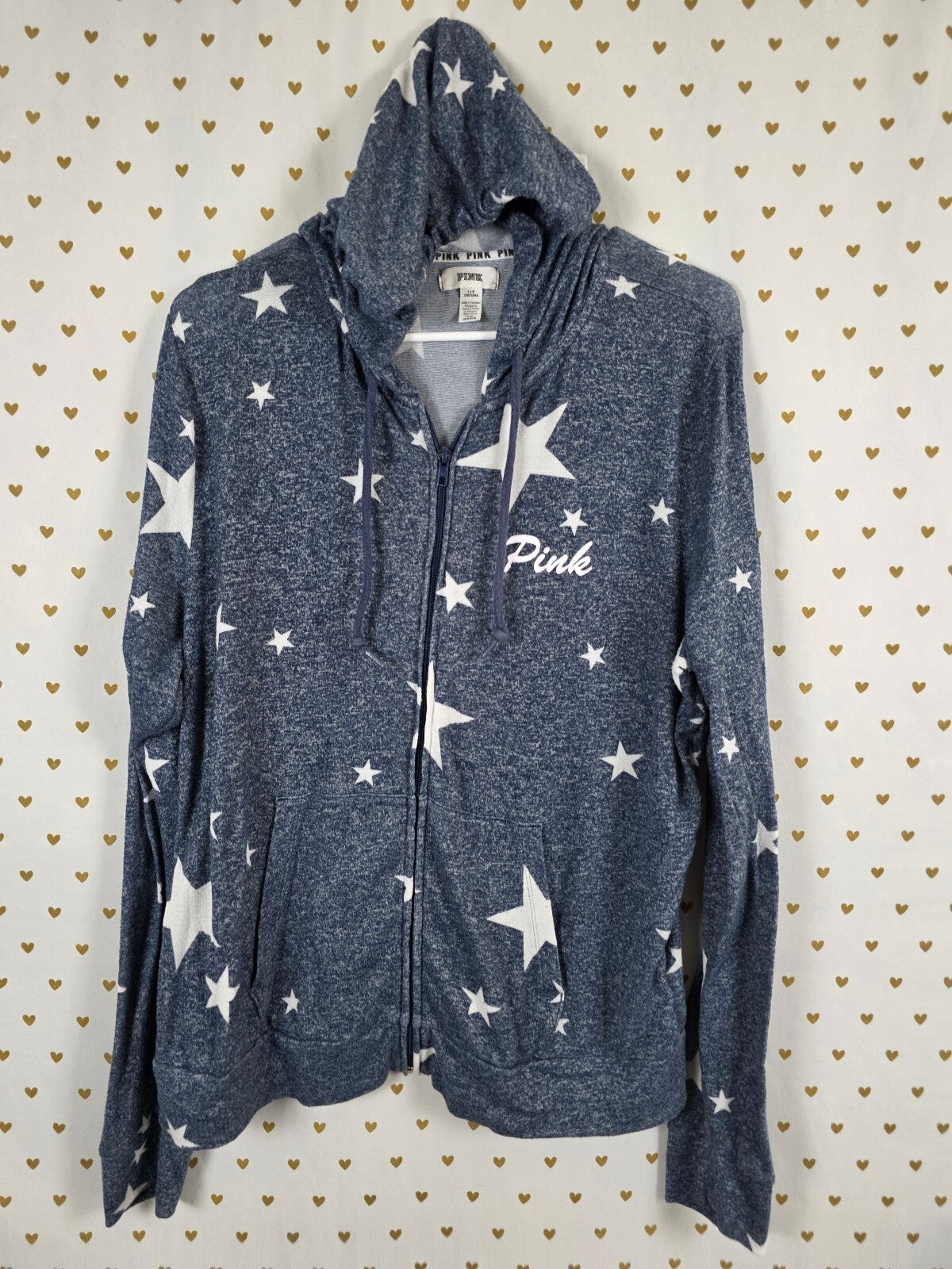 Victorias Secret Pink Blue Stars Thin Strechy Hoodie Jacket Full Zip Large