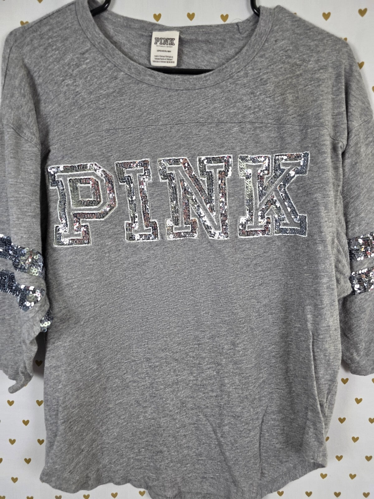 Victorias Secret PINK quarter Sleeve Grey Bling Logo Tee shirt Small