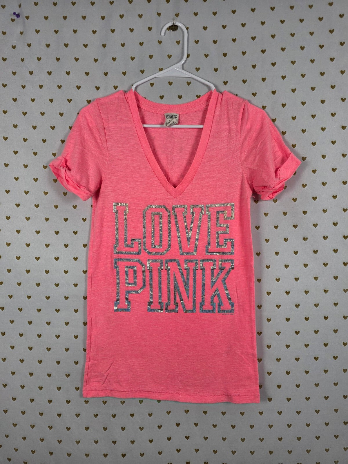Victorias Secret PINK Neon Foil Logo V Neck Tee shirt LOVE SMALL