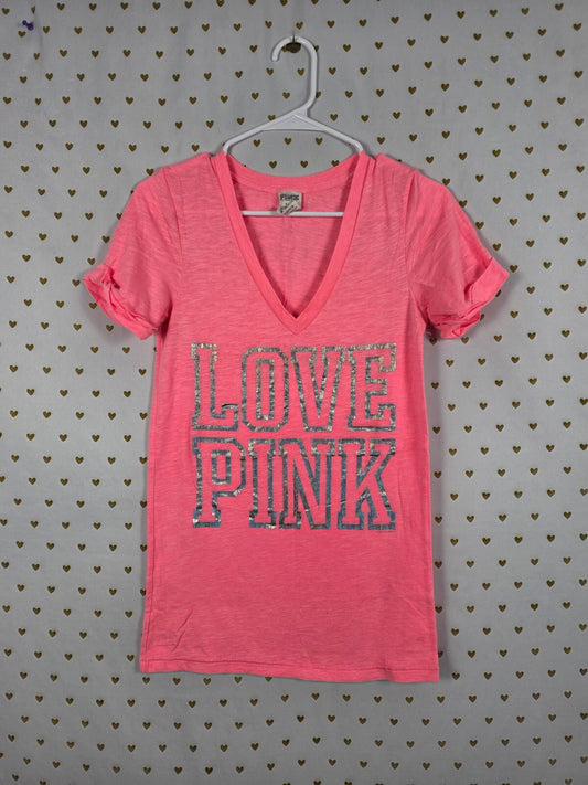 Victorias Secret PINK Neon Foil Logo V Neck Tee shirt LOVE SMALL