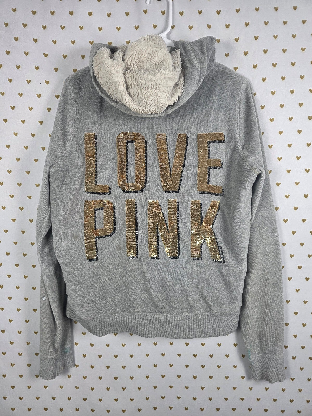 Victorias Secret Pink Vintage Velour Gold Bling Fur Lined Hoodie Jacket Large