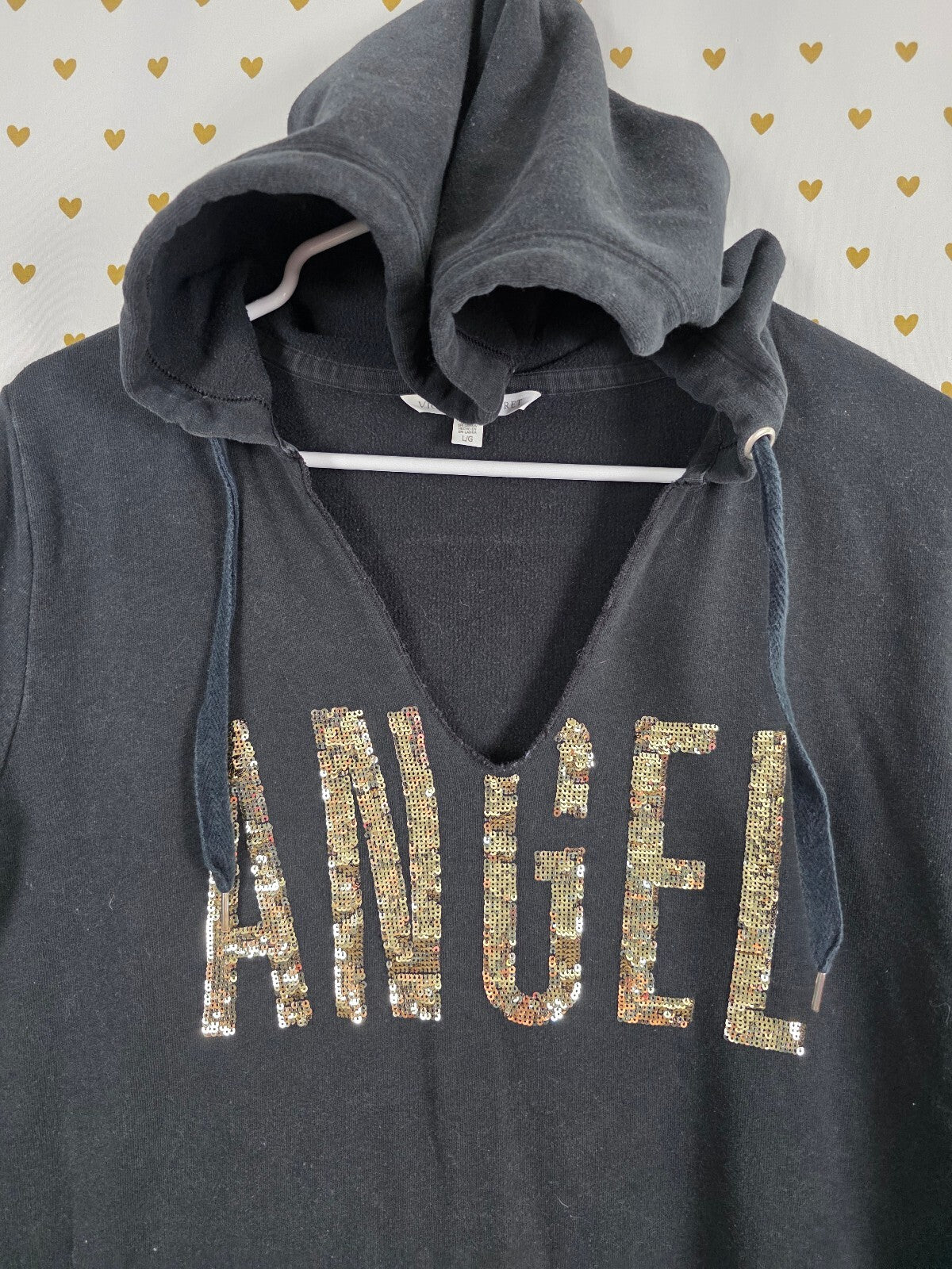 Victorias Secret ANGEL Bling Gold Sequin Pullover V neck Hoodie Sweater LARGE