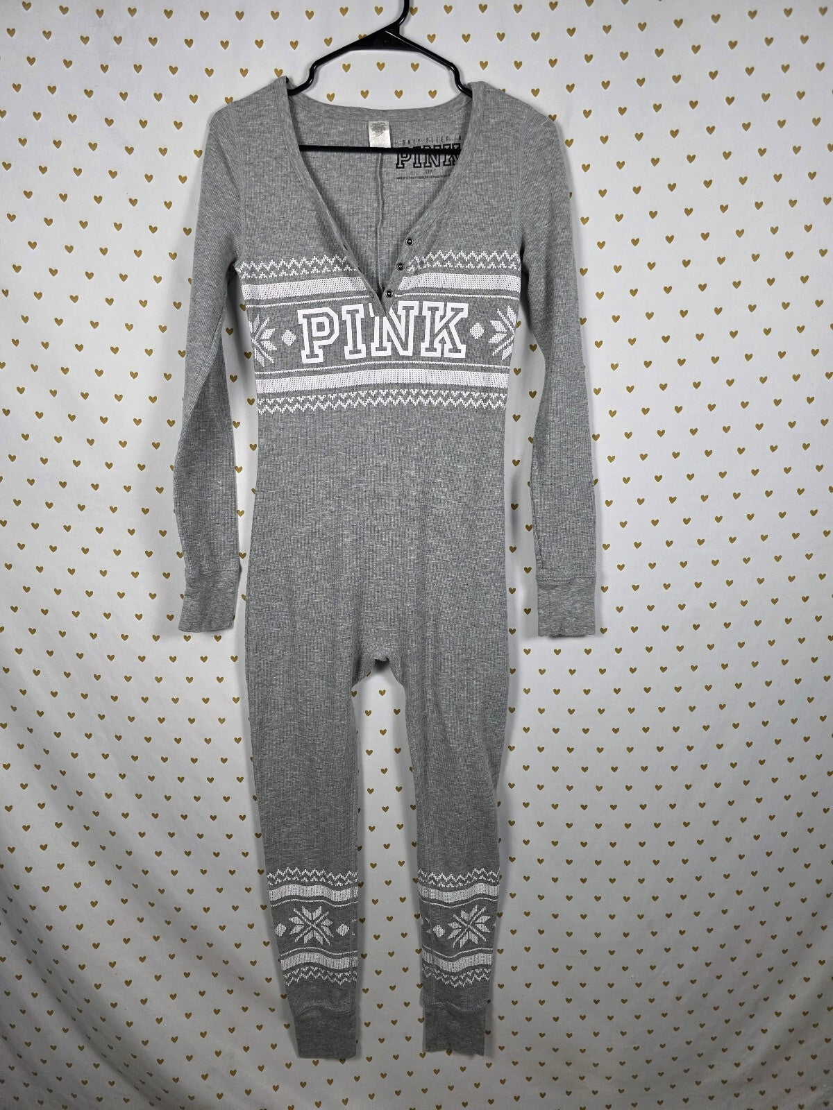Victoria's Secret PINK Long Jane Onesie S Gray Fair Isle Thermal Drop Seat 2016