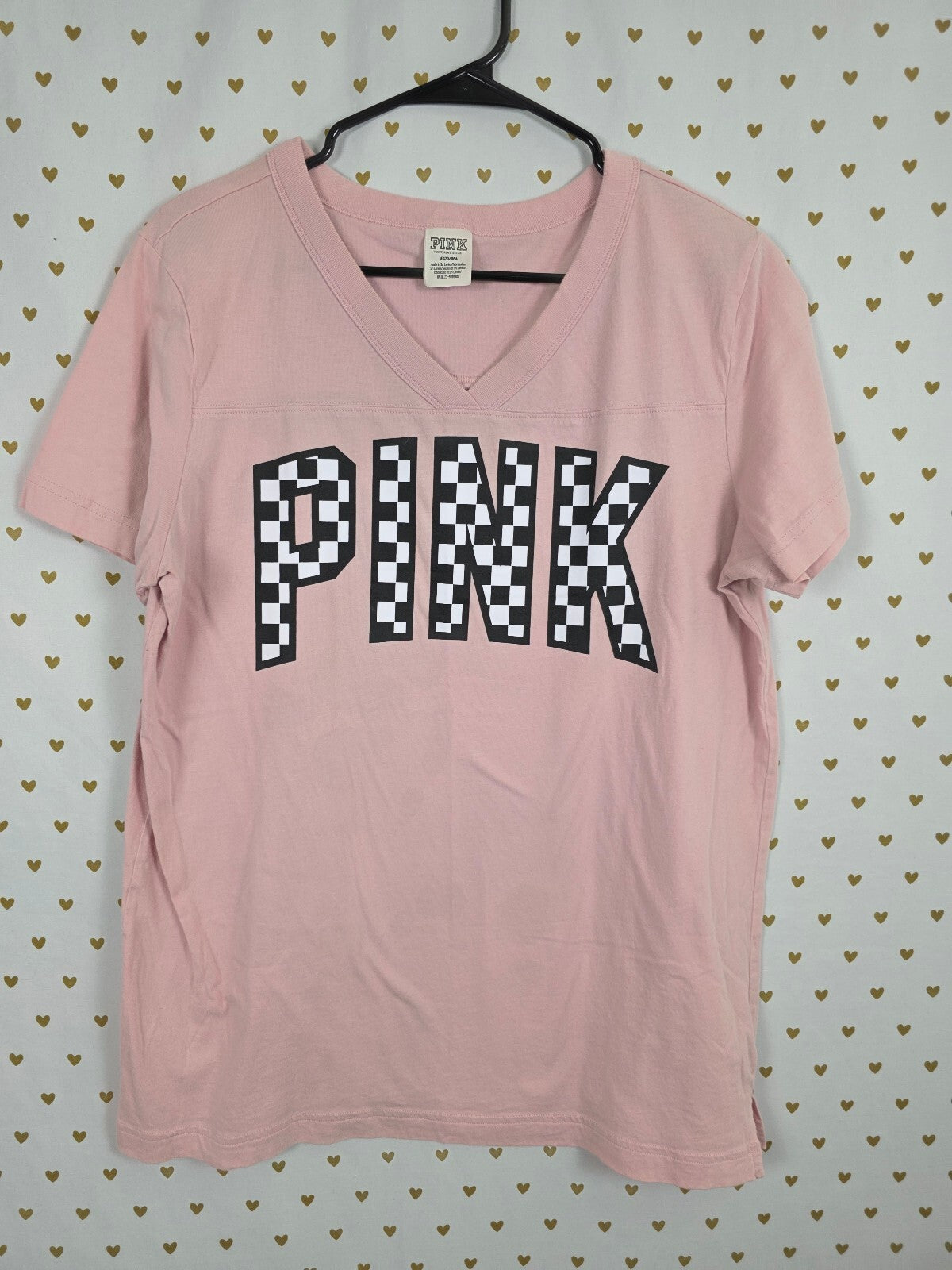 Victorias Secret PINK Checkered Logo OVersized V neck Tee shirt Medium