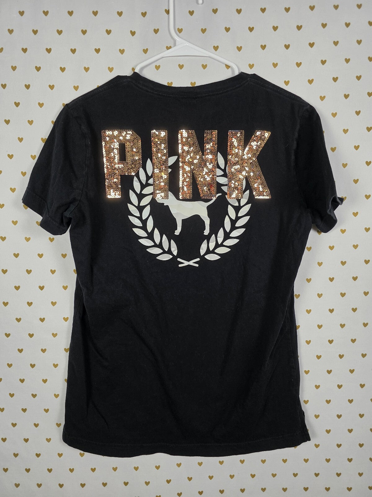 Victorias Secret PINK BLING GOLD Sequin Pocket Tee Shirt black SMALL