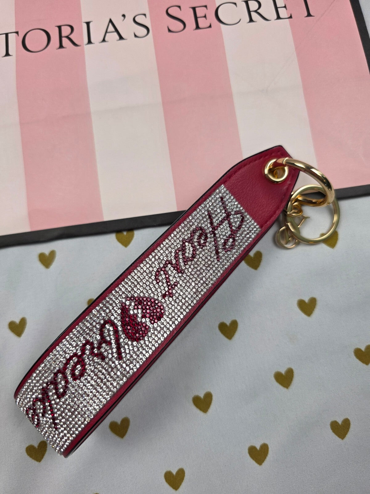 Victoria Secret BLING wristlet strap keychain Rhinestone Handle HEART BREAKER