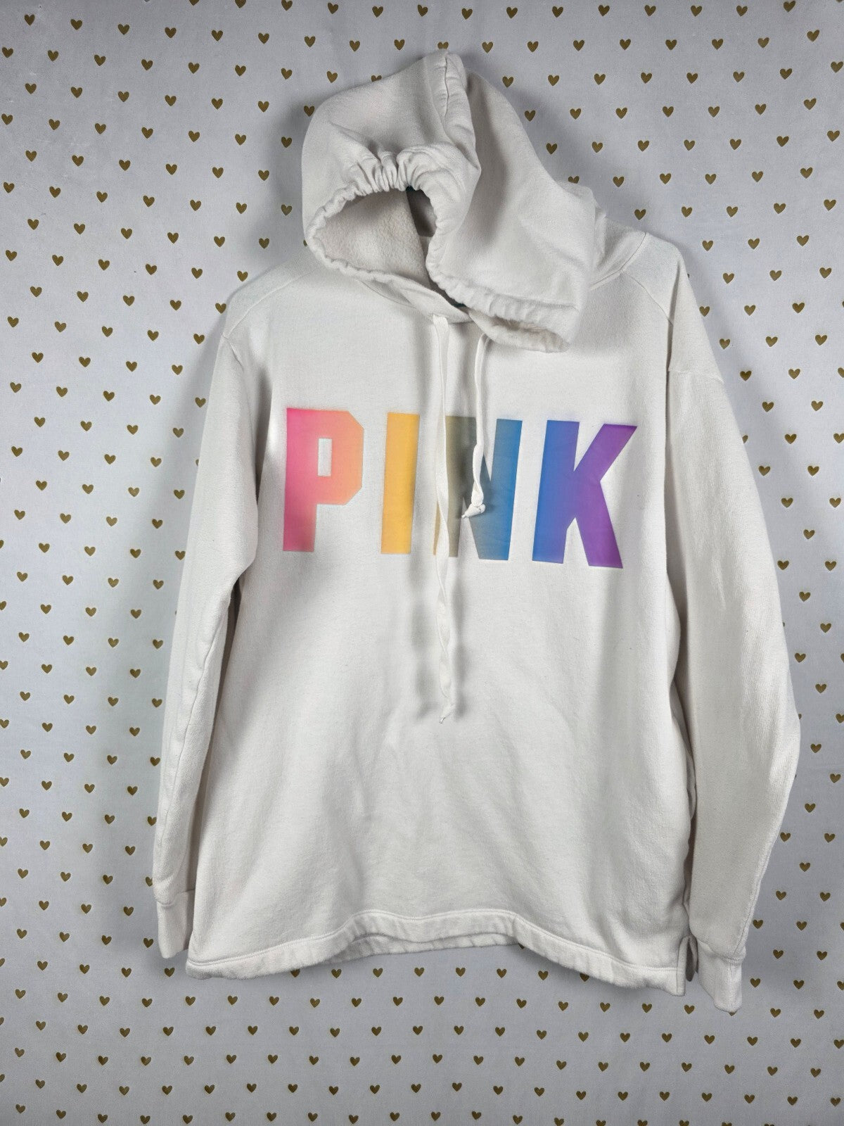 Victorias Secret Pink Rainbow Logo Pullover Hoodie Sweater Medium